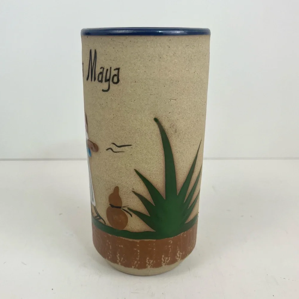 Tonala Mexican Pottery Hand Painted Art Man In Sombrero Cactus Signed 6” Vase